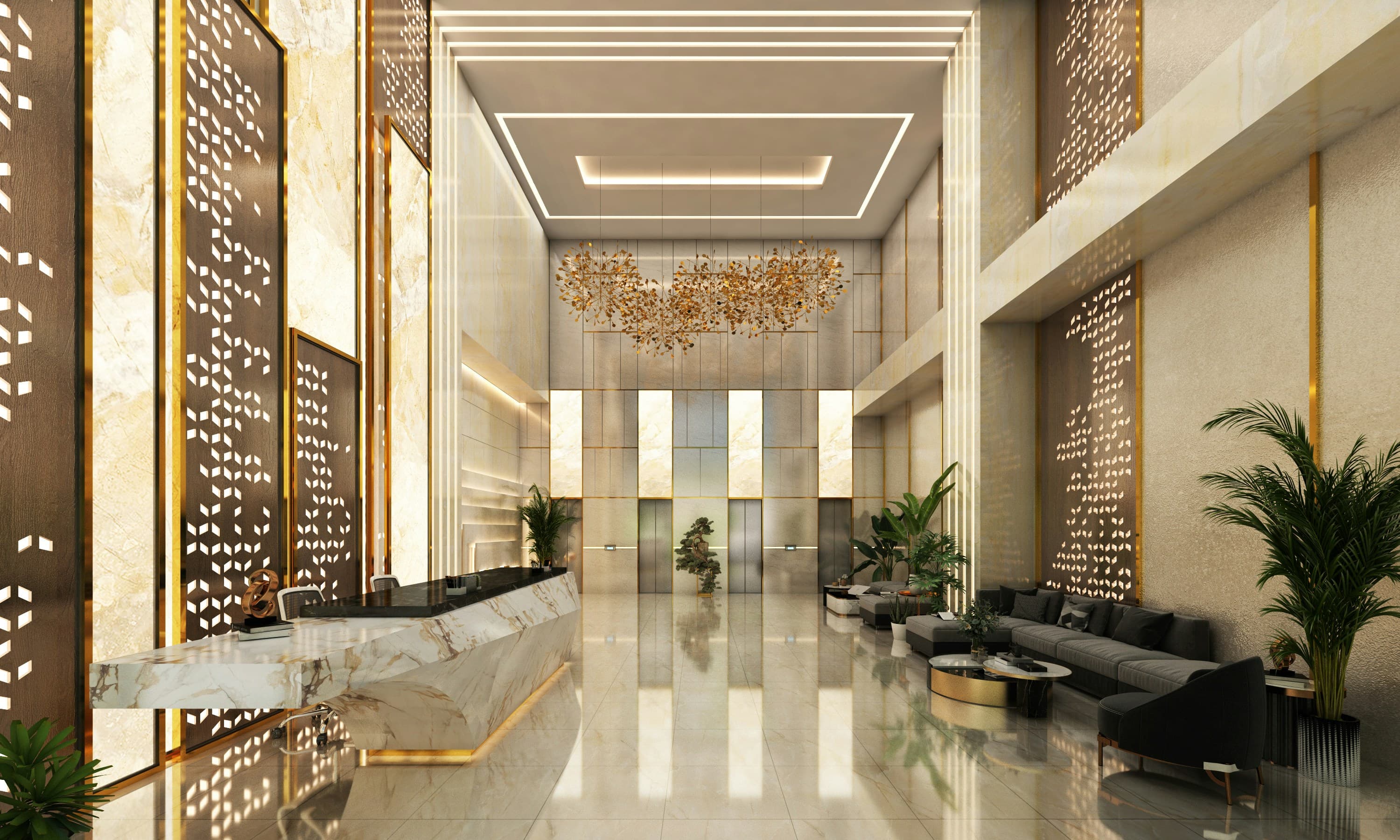 Elegant hotel lobby with marble reception desk